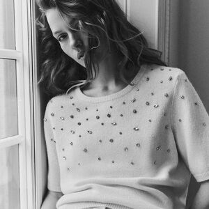 H&M White Rhinestone Embellished Knit Top